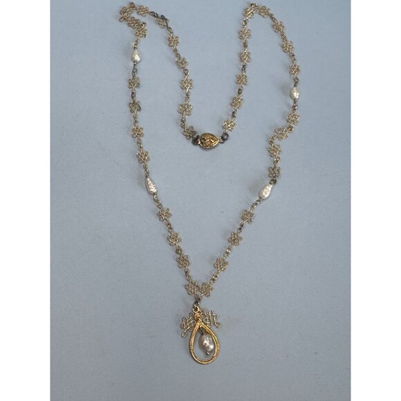 Franklin Mint 22K GEP Sterling Silver Necklace with Baroque Cultured Pearls 17" - Picture 5 of 8